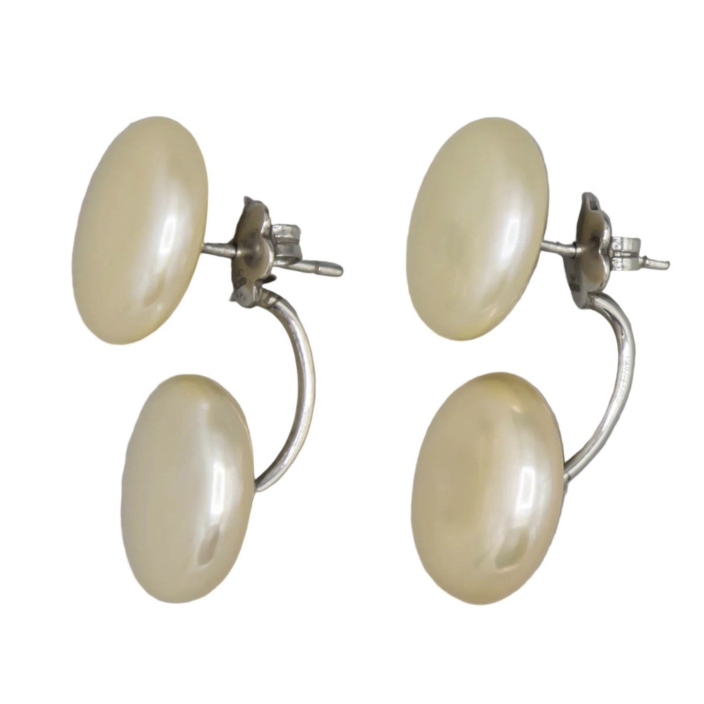 Twin coin freshwater pearl stud and jacket earrings in sterling silver