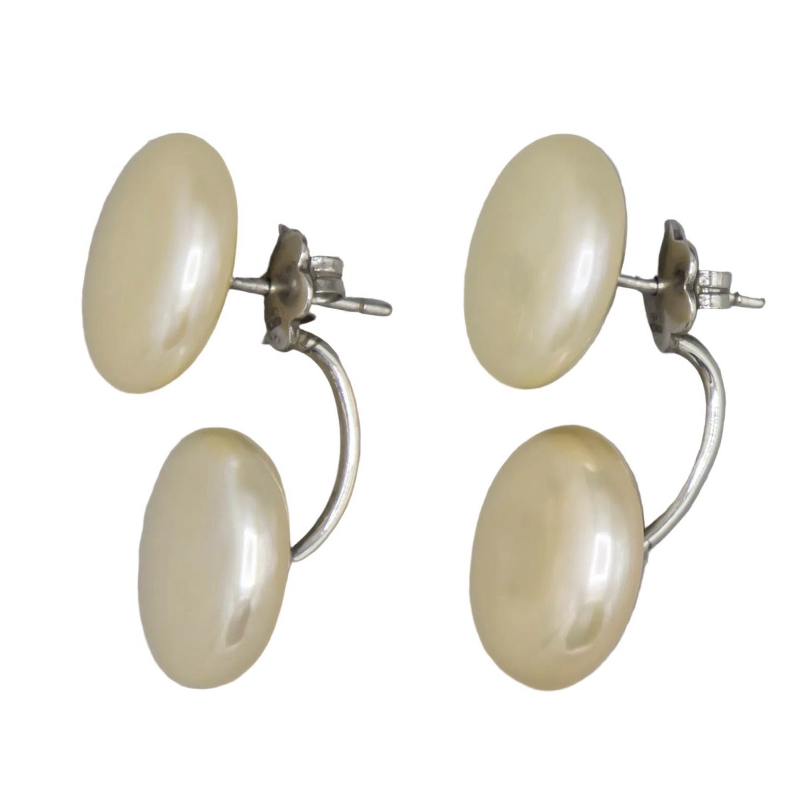 Twin coin freshwater pearl stud and jacket earrings in sterling silver