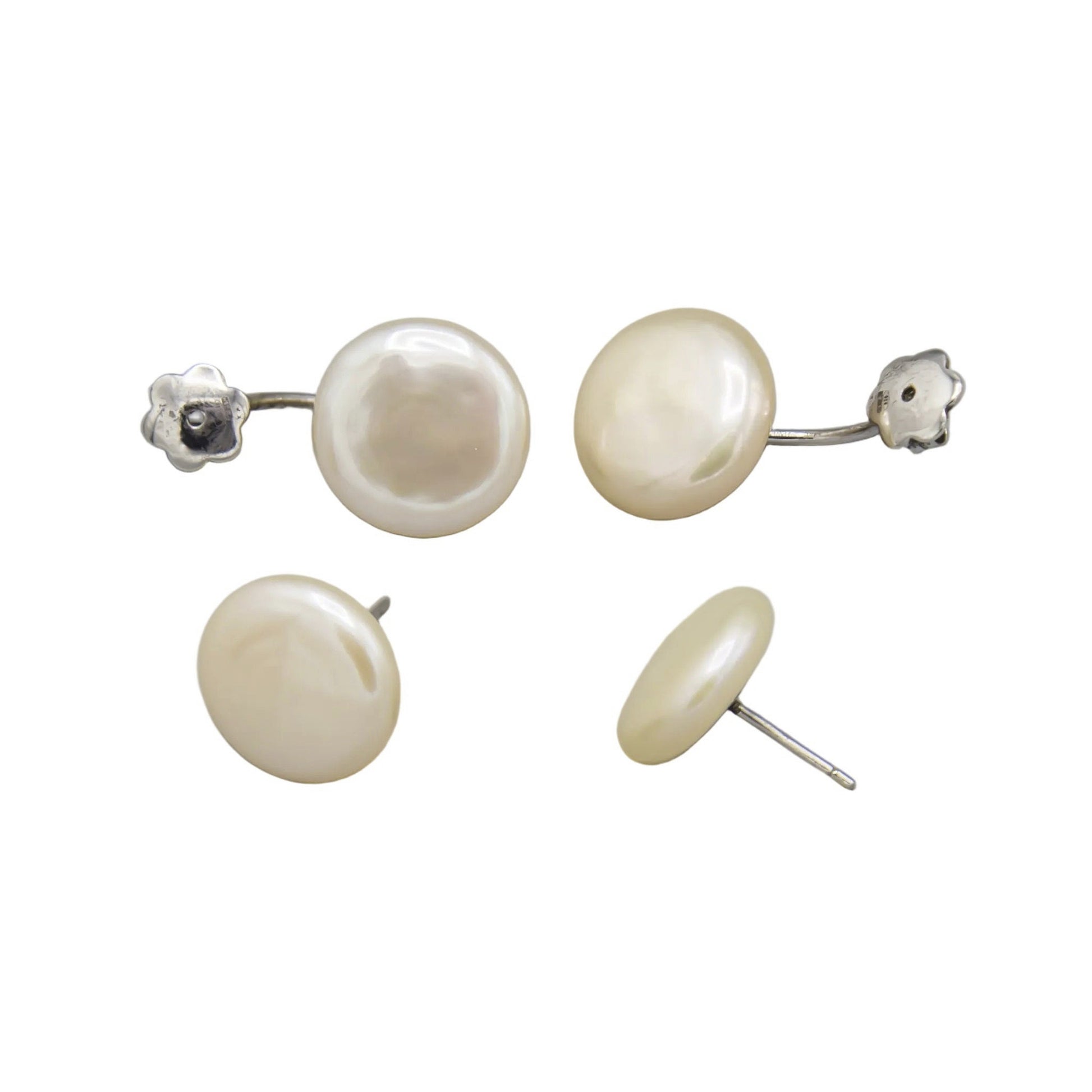 Twin coin pearl stud and jacket earrings freshwater pearls in sterling silver