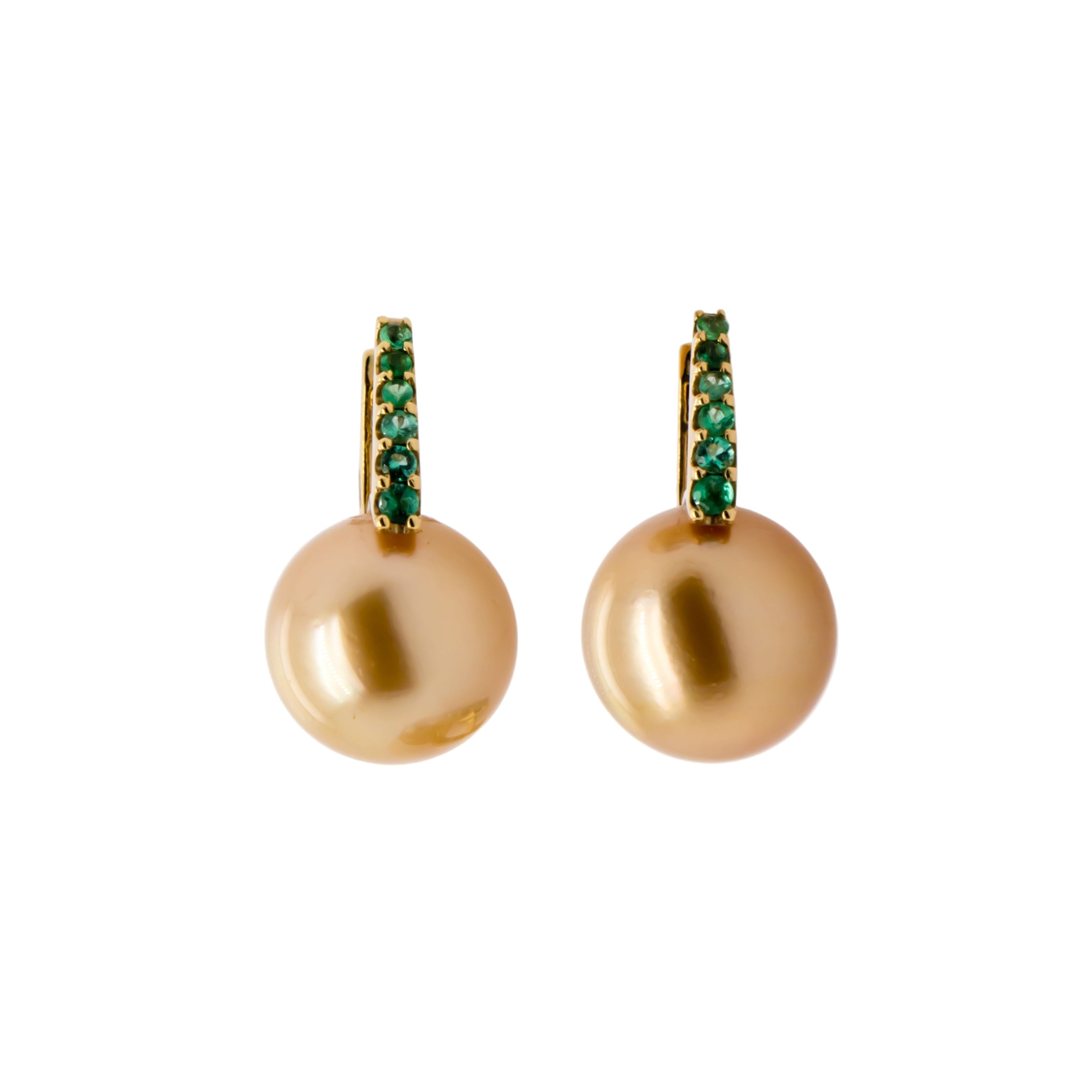 Golden South Sea Pearl & Emerald Drop Earrings in 18K Yellow Gold – Side by Side