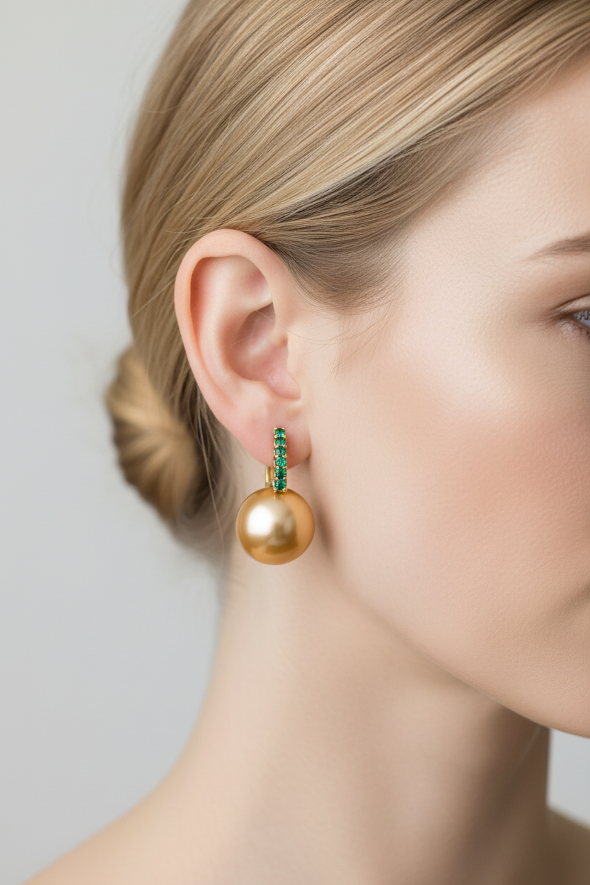 Golden South Sea Pearl & Emerald Drop Earrings in 18K Yellow Gold on blonde model