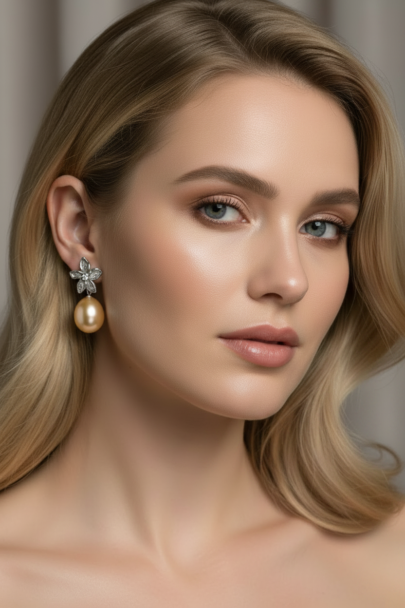 Peach Freshwater Pearl Drop Earrings – Silver Flower