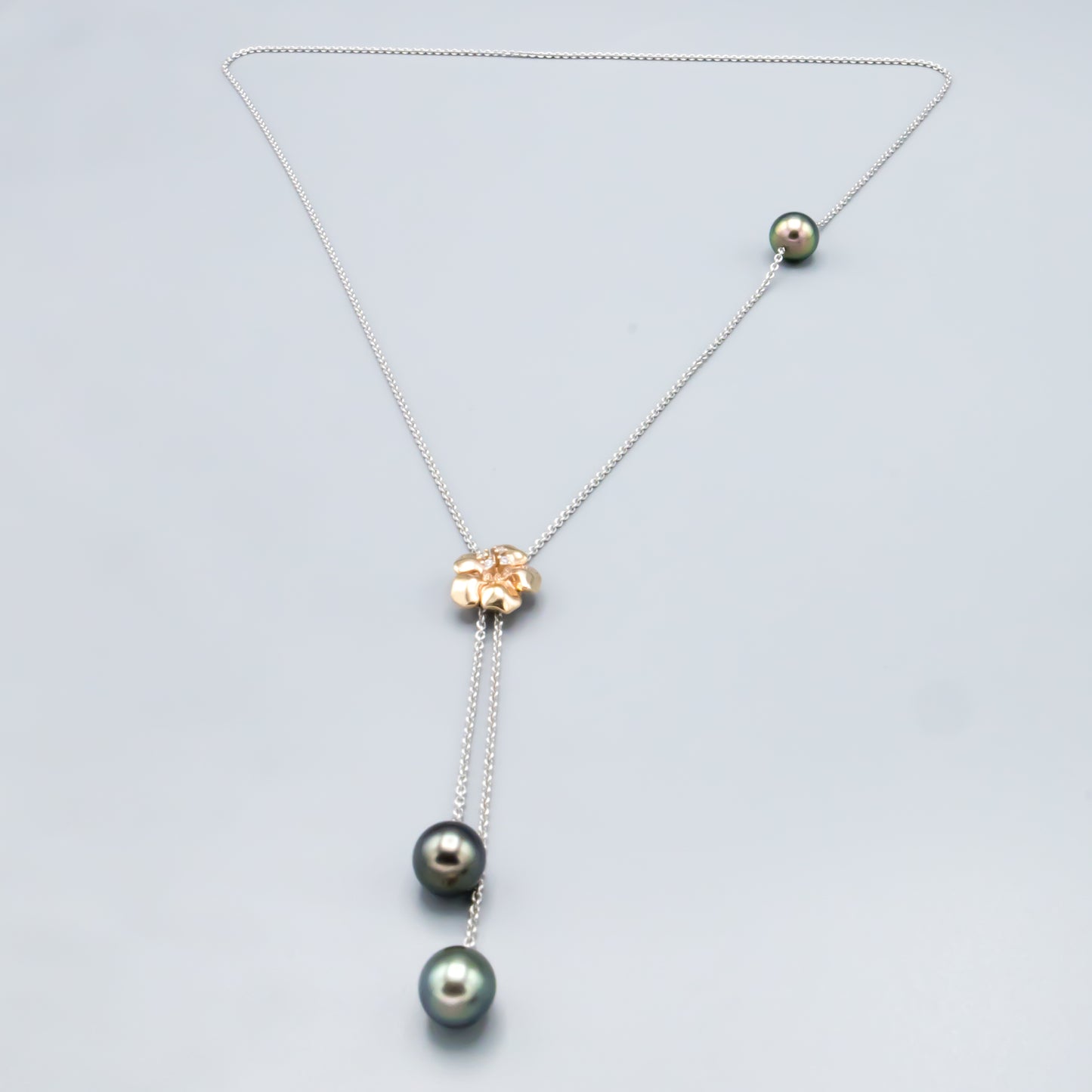 Tahitian pearl and rose gold flower necklace - full length display