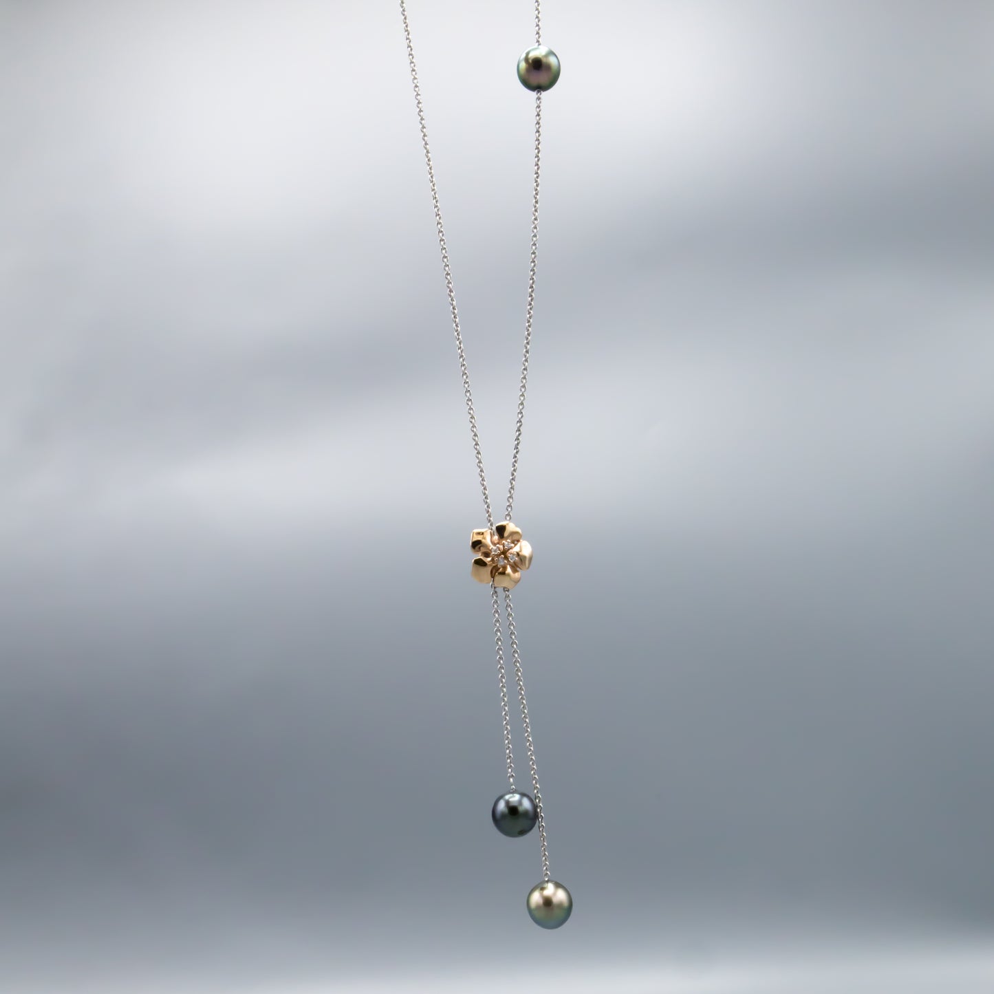 Rose gold flower necklace with Tahitian pearls - alternate angle view