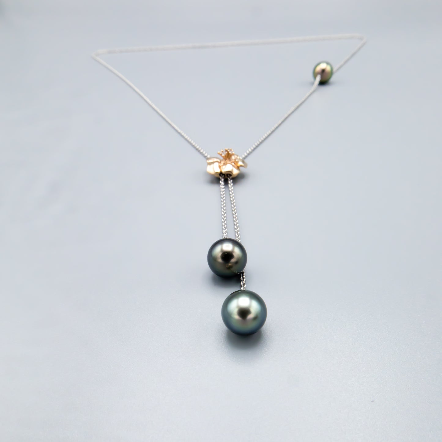 Rose gold flower necklace 32 inch chain with three Tahitian saltwater pearls