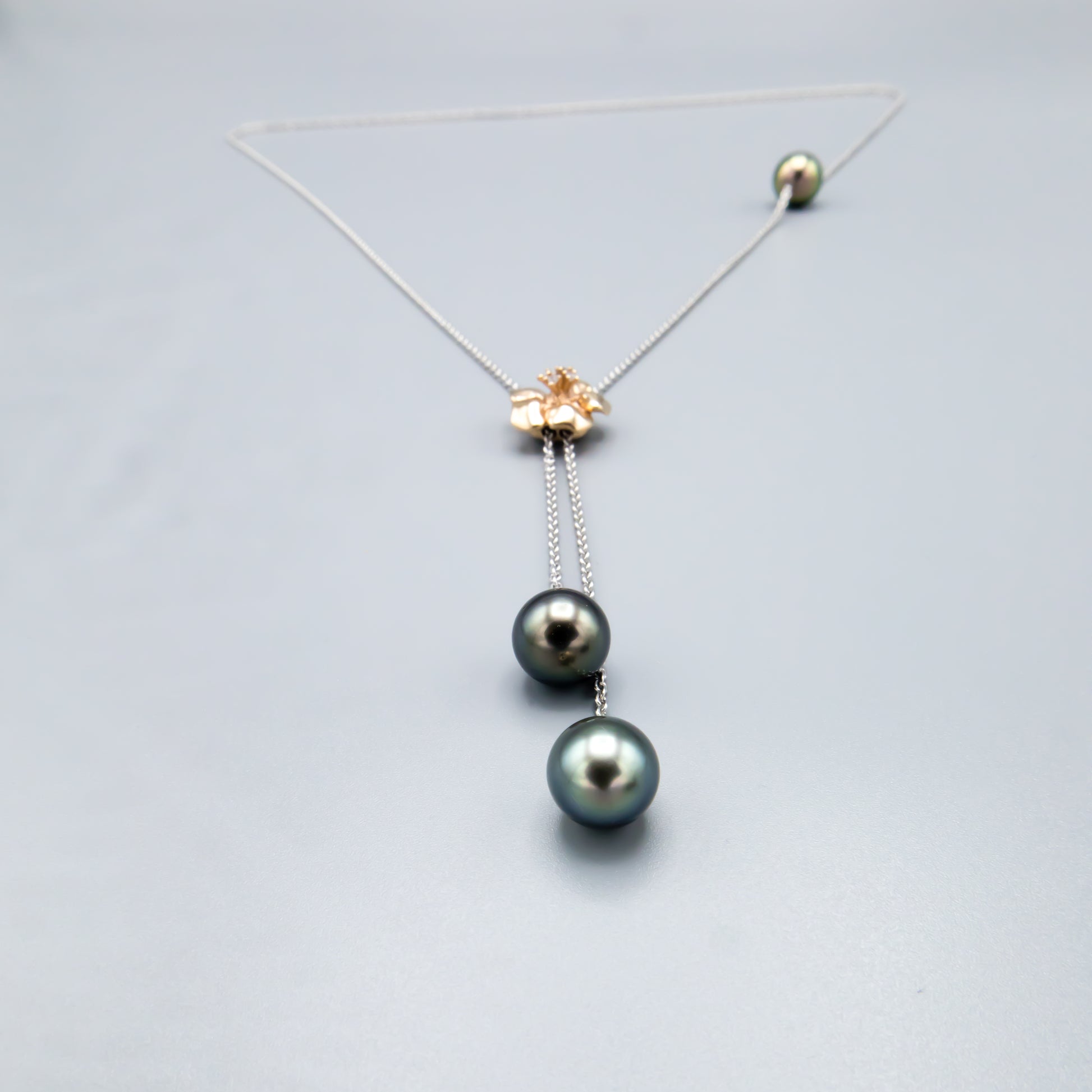 Rose gold flower necklace 32 inch chain with three Tahitian saltwater pearls
