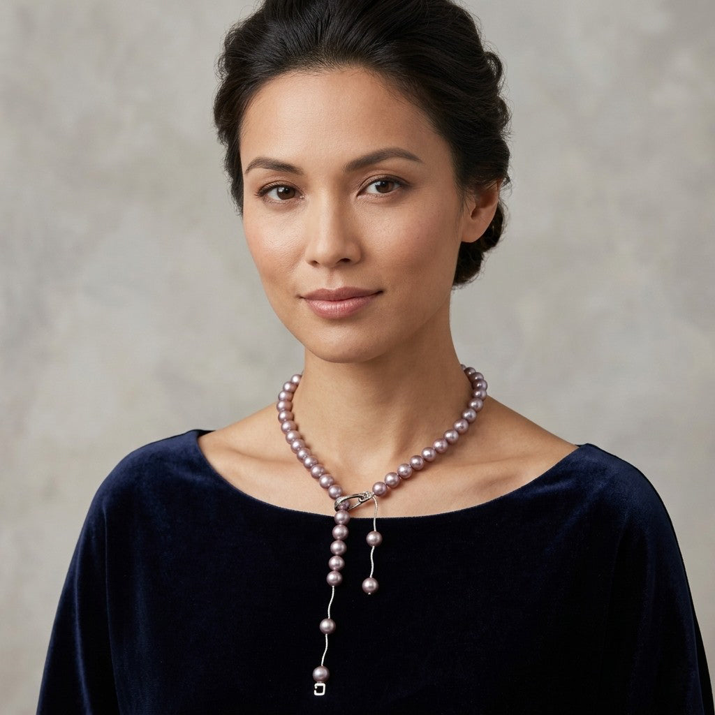 Brunette model wearing a a lavender pearl necklace