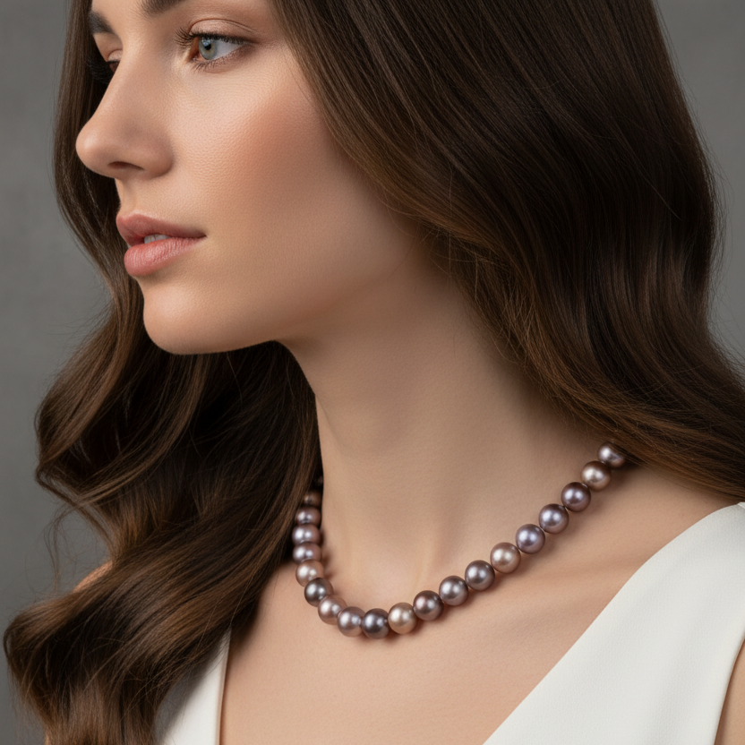 Brunette model wearing a lavender pearl necklace
