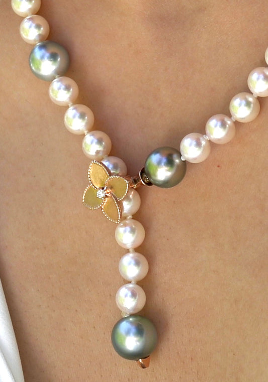 Akoya & Tahitian Pearl Necklace with Rose Gold Diamond Flower – On Model