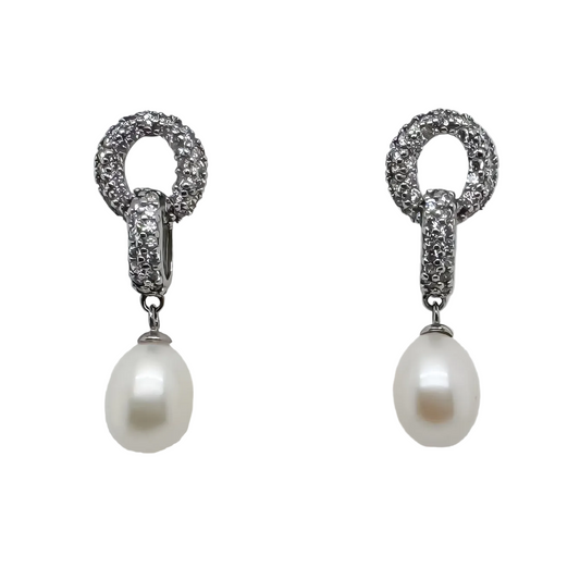 White teardrop freshwater pearl drop earrings on sterling silver CZ setting, product detail