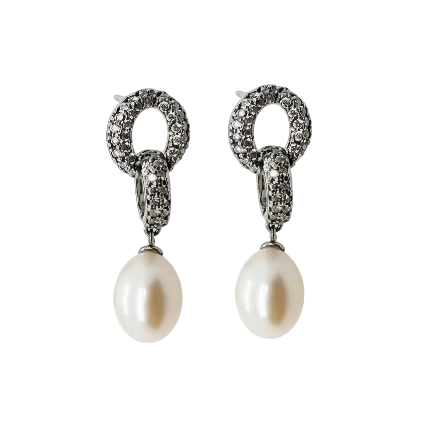 White teardrop freshwater pearl drop earrings on sterling silver CZ setting, product detail