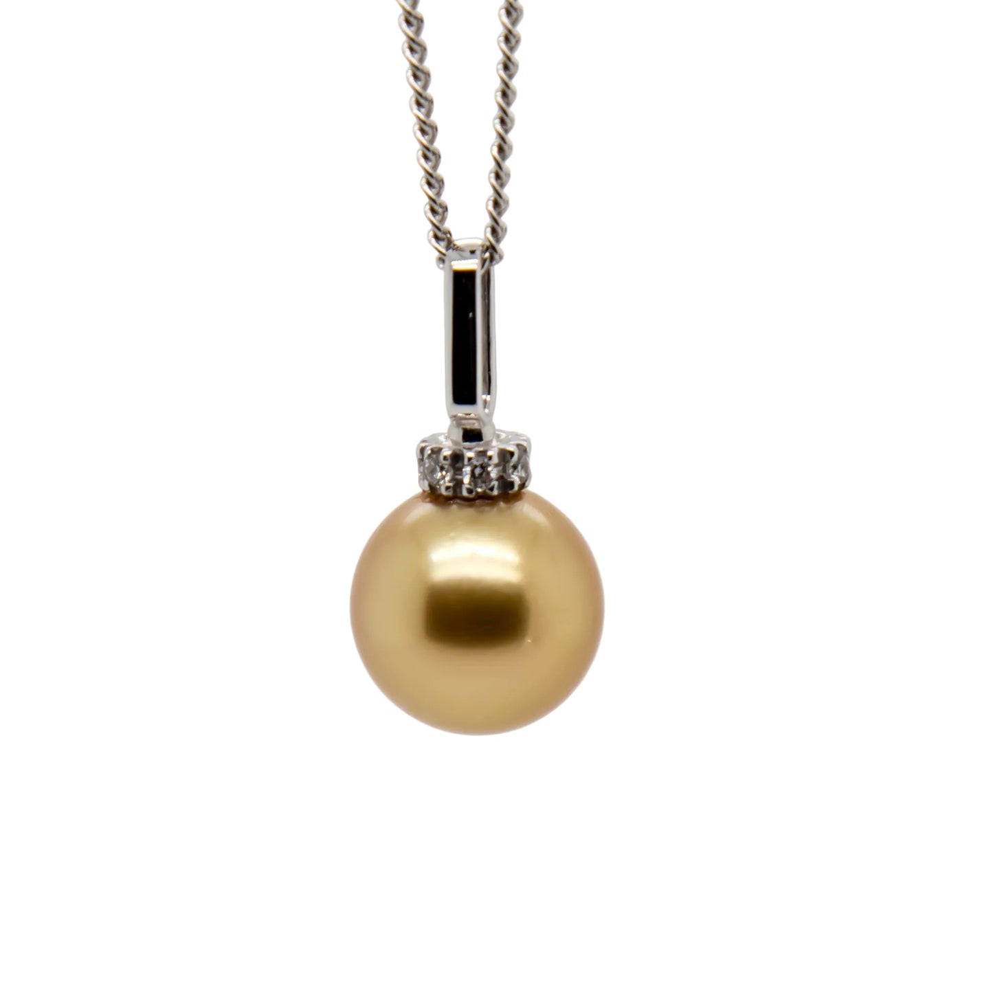 Golden South Sea Pearl Necklace 18K White Gold Diamond Bail, 9.7mm Round Pearl