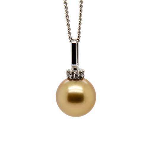 Golden South Sea Pearl Necklace 18K White Gold Diamond Bail, 9.7mm Round Pearl