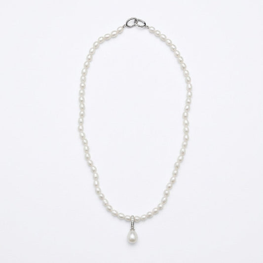 White freshwater pearl necklace with teardrop pendant on sterling silver CZ bail, 15.5 inch