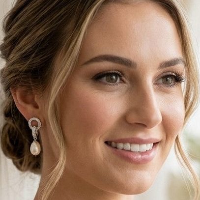 Model styled with white teardrop pearl drop earrings