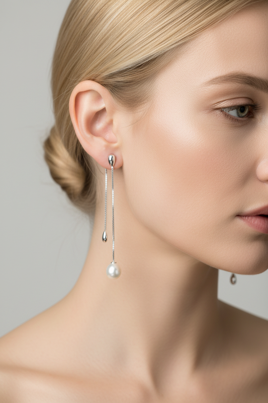 Close-up of a woman wearing silver earrings with a white pearl.