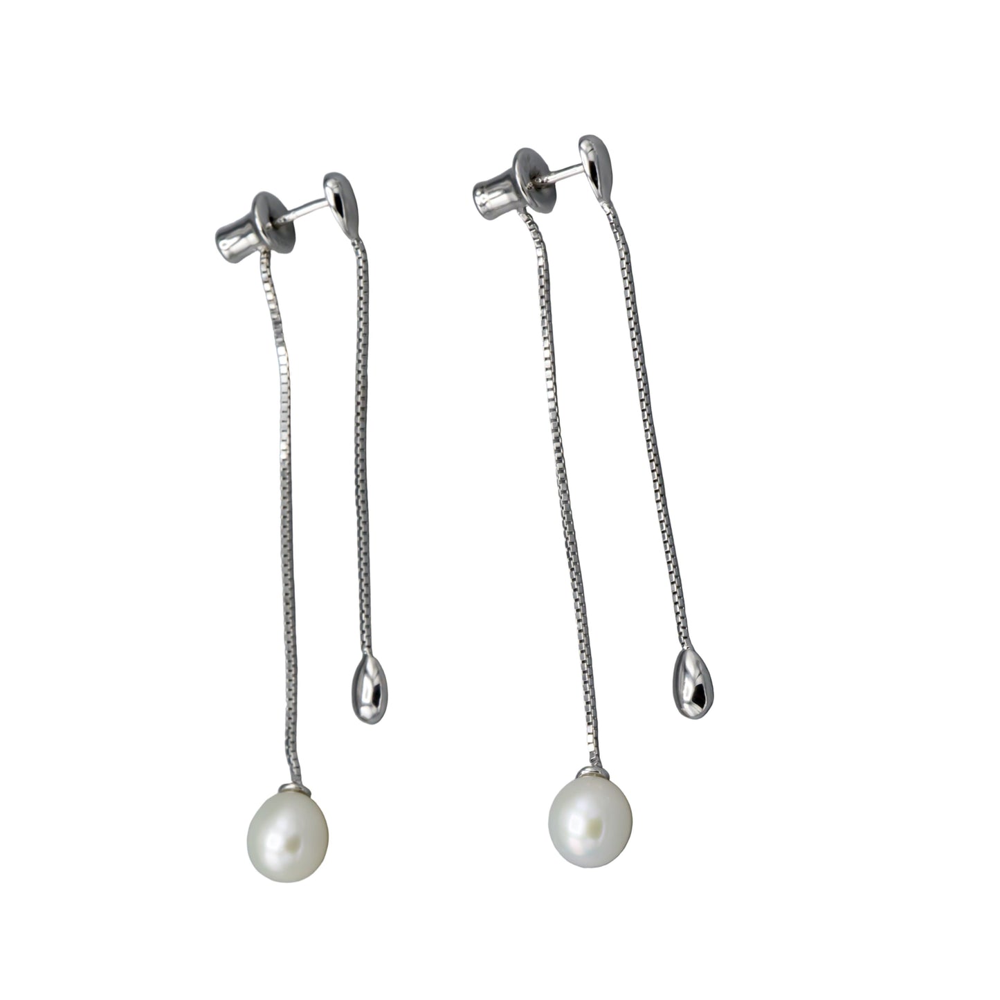 White freshwater pearl teardrop earring jackets on sterling silver studs, front view