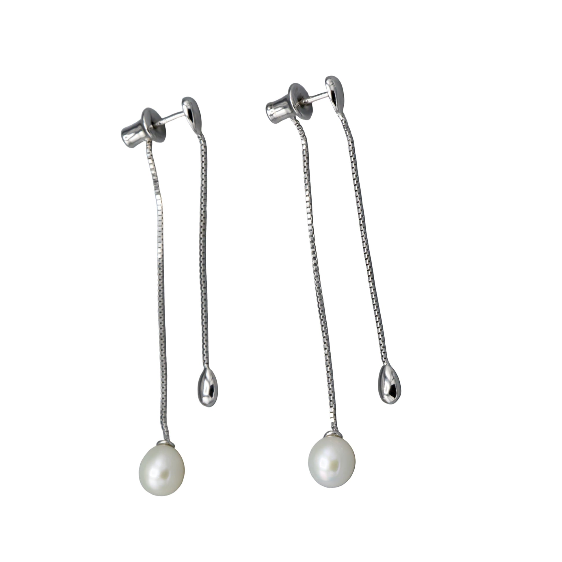 White freshwater pearl teardrop earring jackets on sterling silver studs, front view