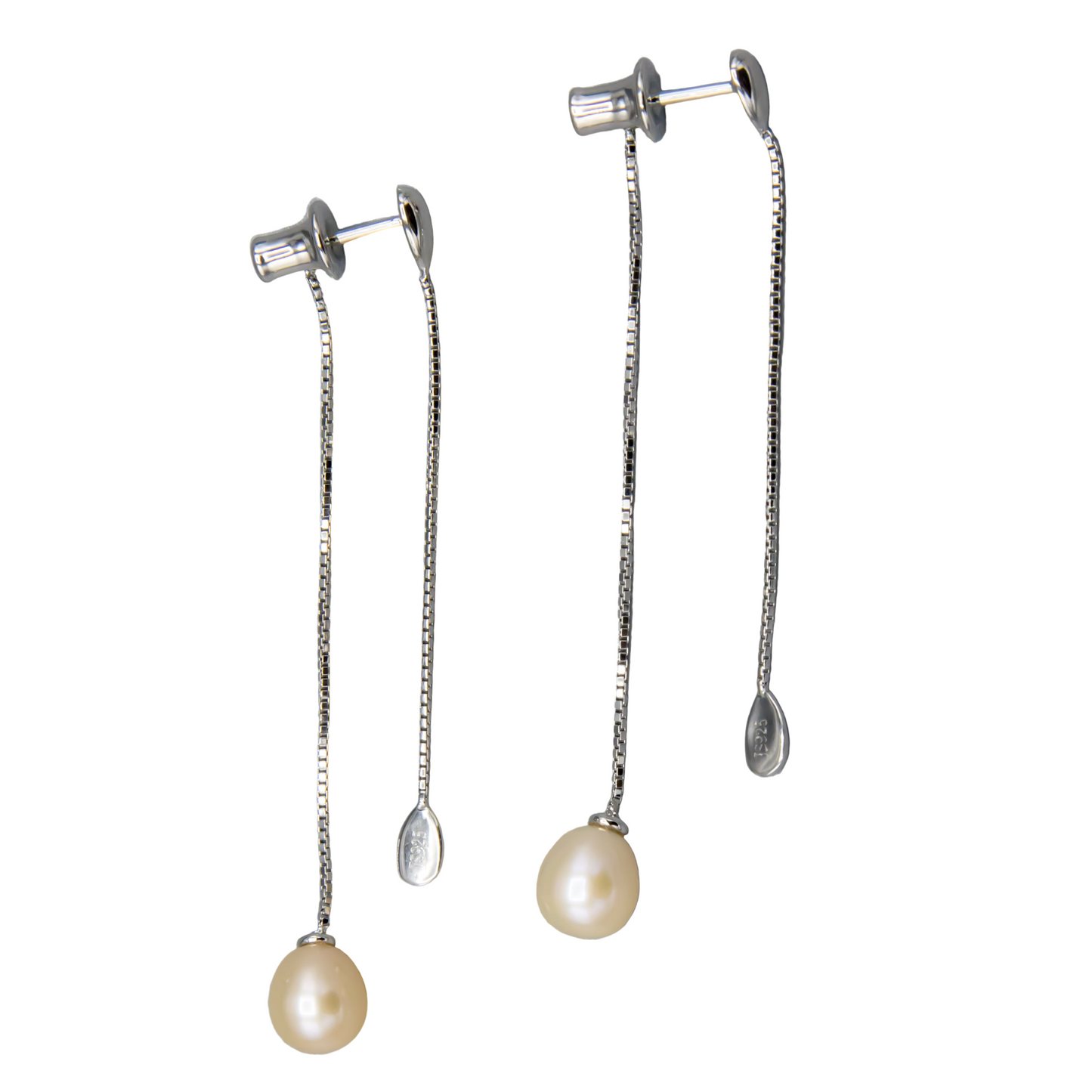 Peach pearl earring jackets with teardrop design in sterling silver, front view