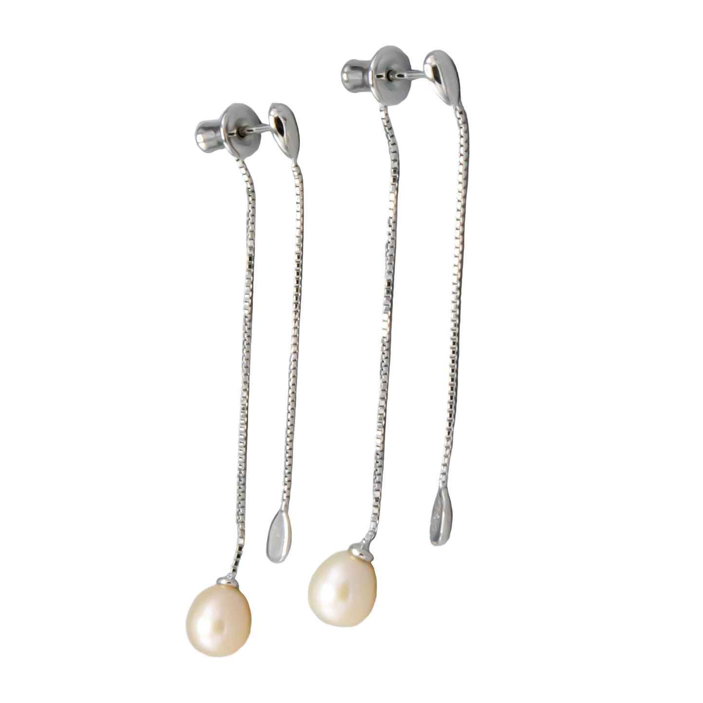 Peach freshwater pearl earring jackets, 7mm teardrop studs, detail shot