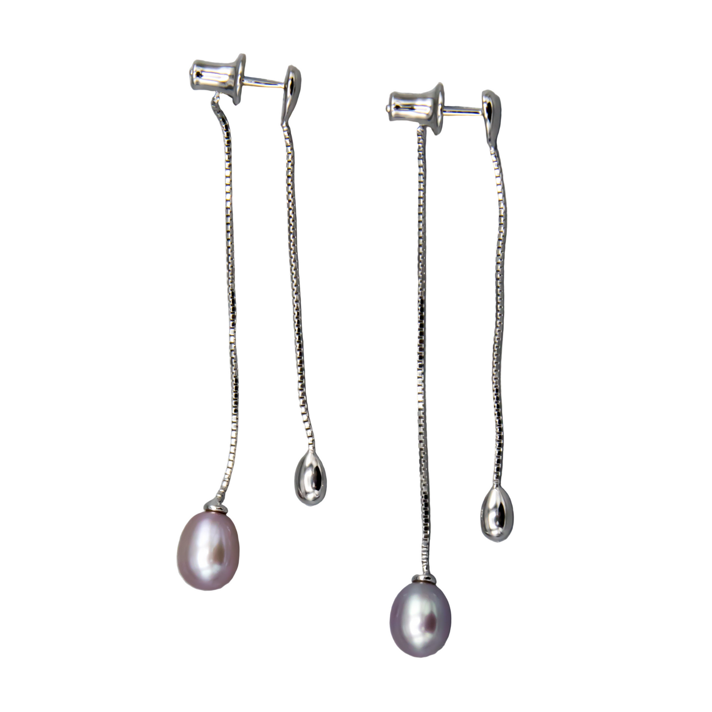 Mauve teardrop pearl earring jackets on white background, sterling silver studs, 7-7.5mm freshwater pearls