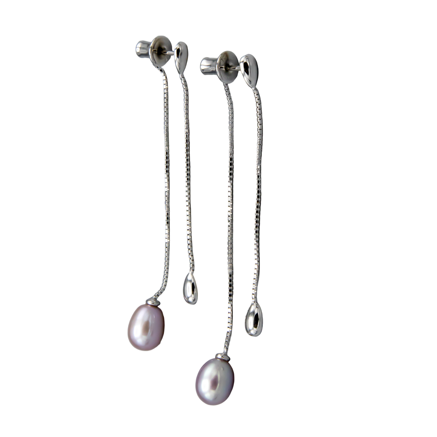Mauve pearl earring jackets detail view showing teardrop shape and sterling silver setting