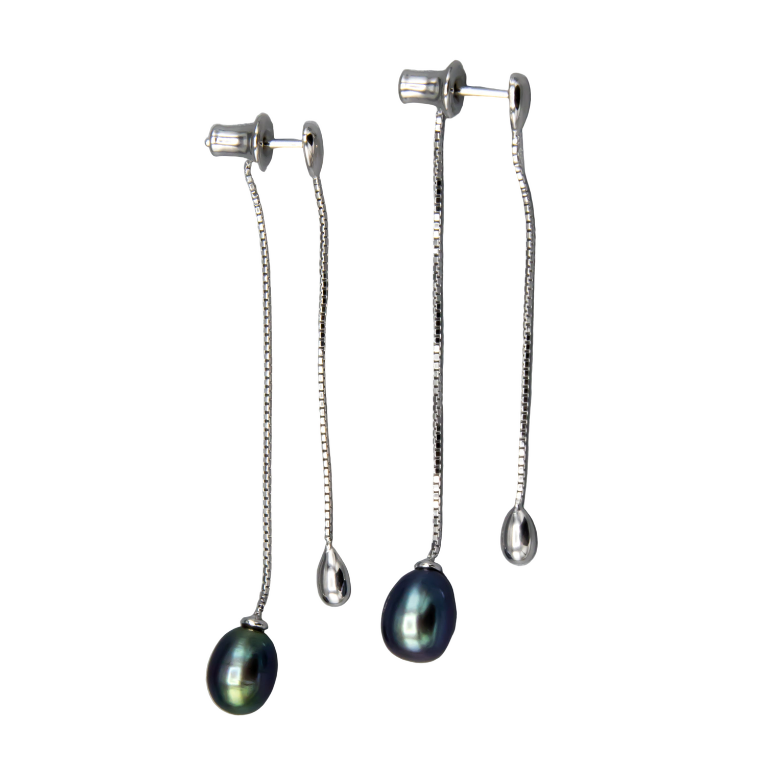 Black pearl teardrop earring jackets in sterling silver on white background