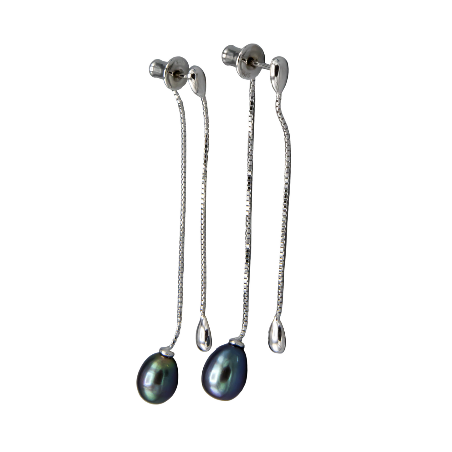 Close-up of 7mm black freshwater pearl earrings showing luster and teardrop shape