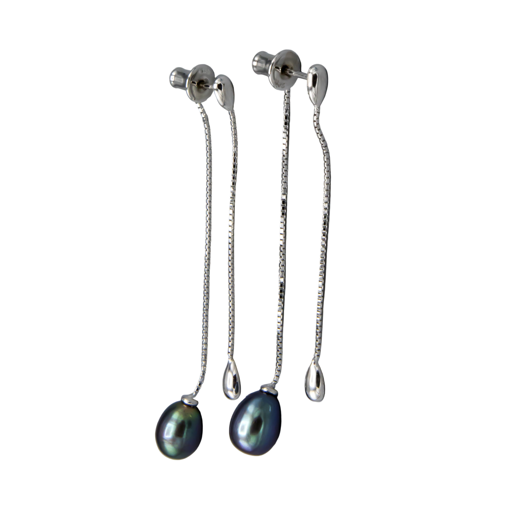 Close-up of 7mm black freshwater pearl earrings showing luster and teardrop shape