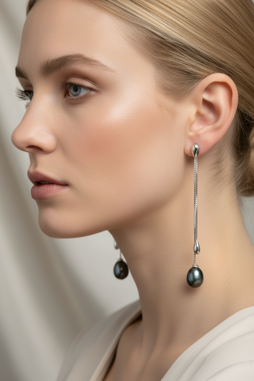 Close-up of a blonde model wearing black pearl earrings