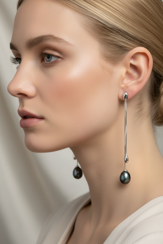 Close-up of a blonde model wearing black pearl earrings