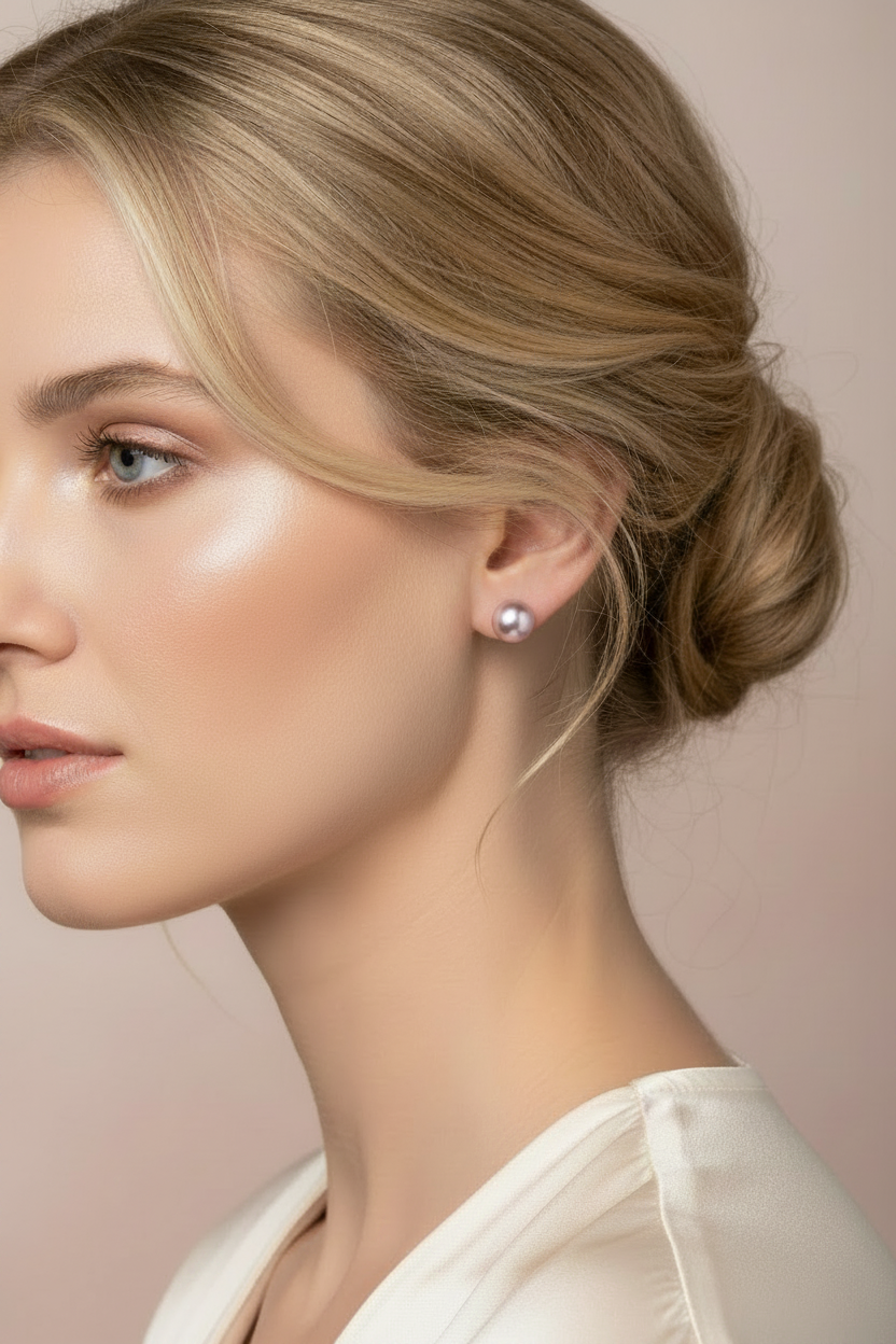 Model wearing Mauve Freshwater Pearl Stud Earrings in 14K Yellow Gold