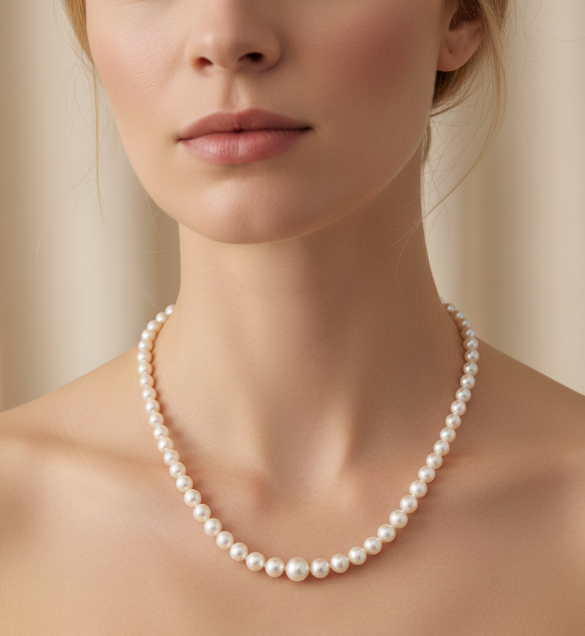Model wearing graduated single strand Akoya pearl necklace 