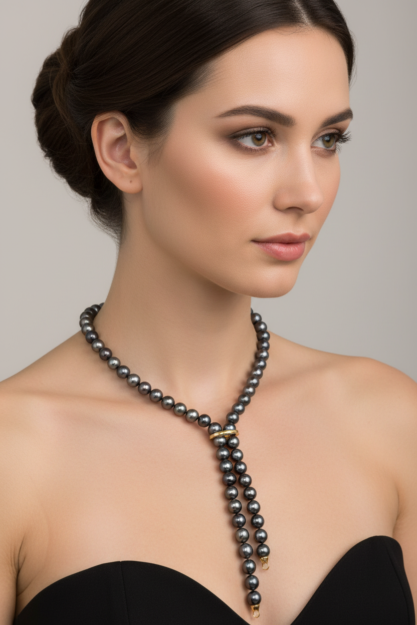 Black Tahitian Pearl Lariat Necklace, 22-inch, 14K Gold Diamond Clasp