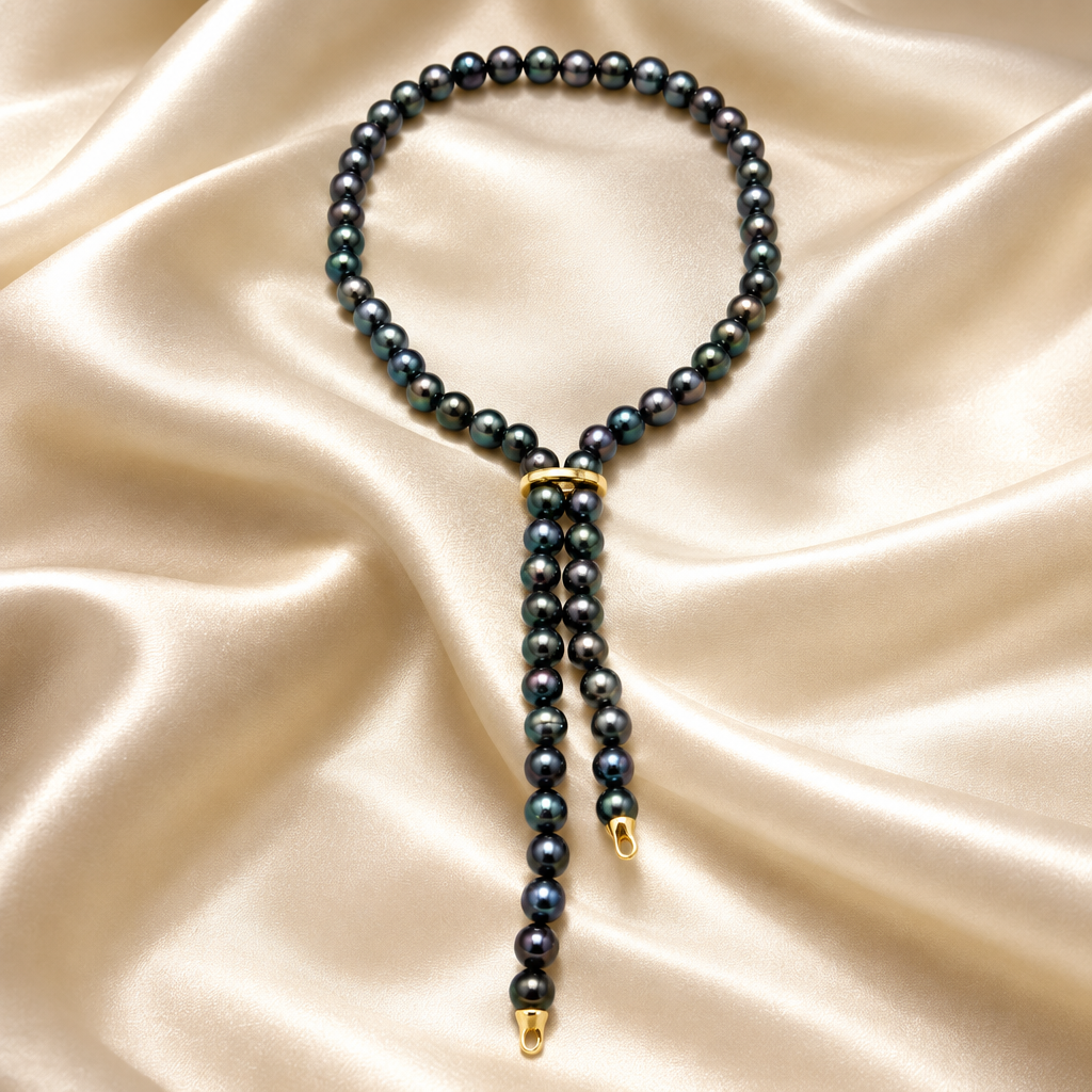 Black Tahitian Pearl Necklace 22 Inch – 8-9.5mm Graduated Strand, 14K Gold Clasp on a cream-colored satin background
