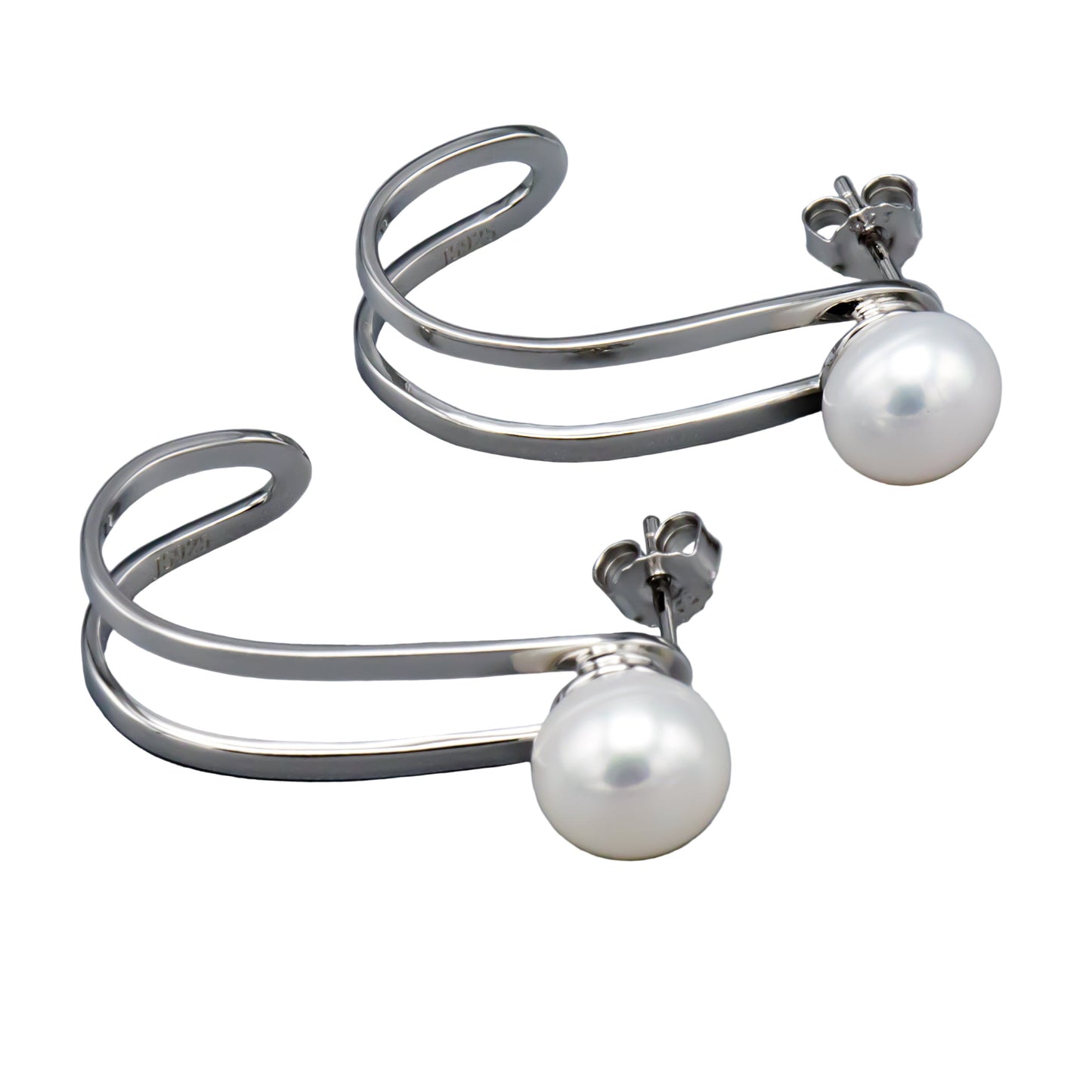 10mm white freshwater pearl earrings with sterling silver hooks, detail view