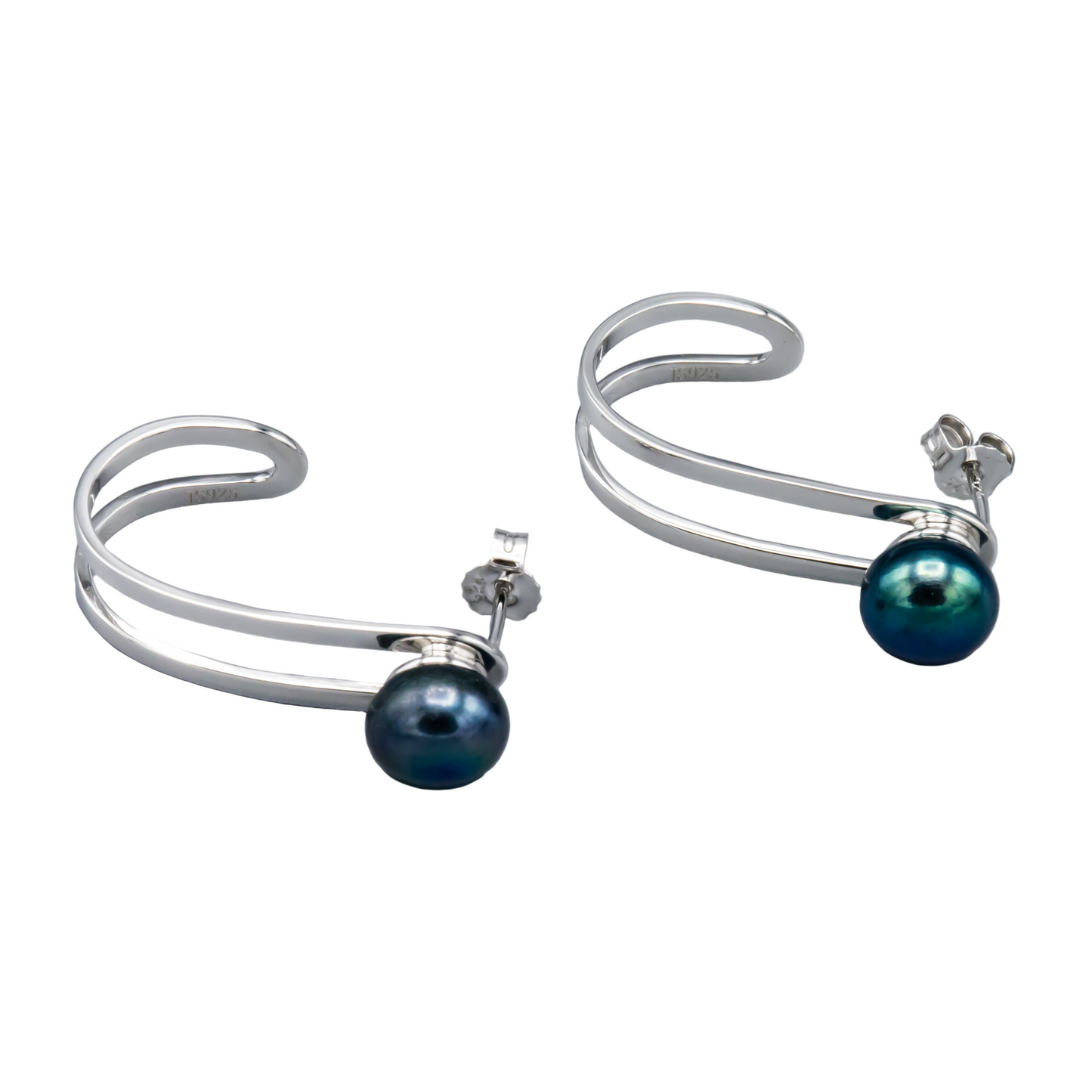 9mm black pearl drop earrings with sterling silver hooks close-up detail view