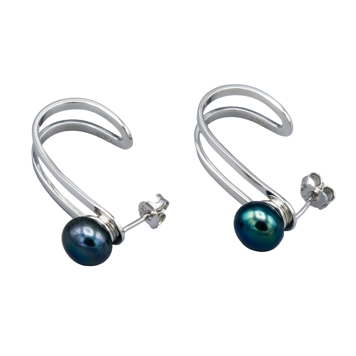 Black cultured pearl earrings sterling silver elegant hook design side angle