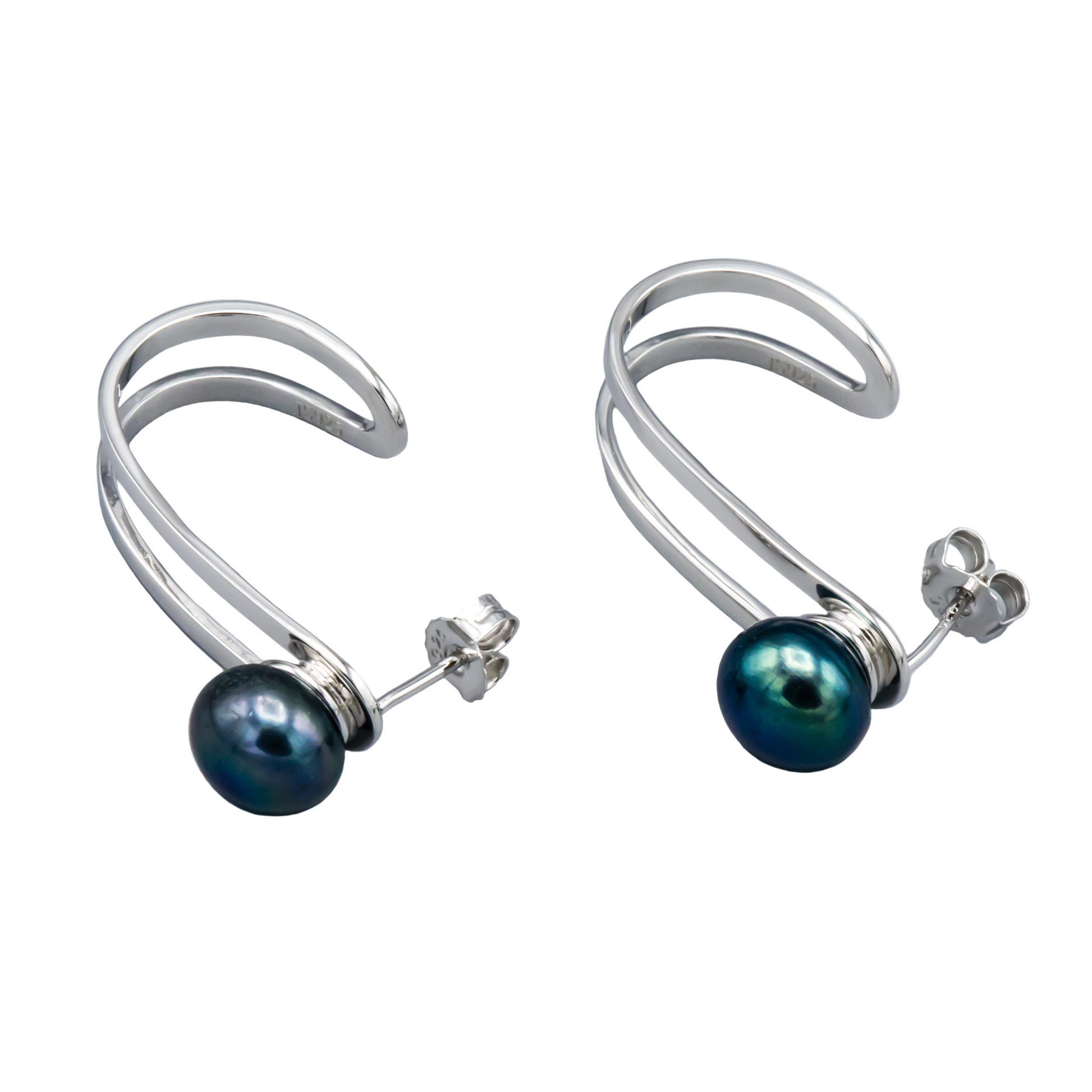 Black cultured pearl earrings sterling silver elegant hook design side angle