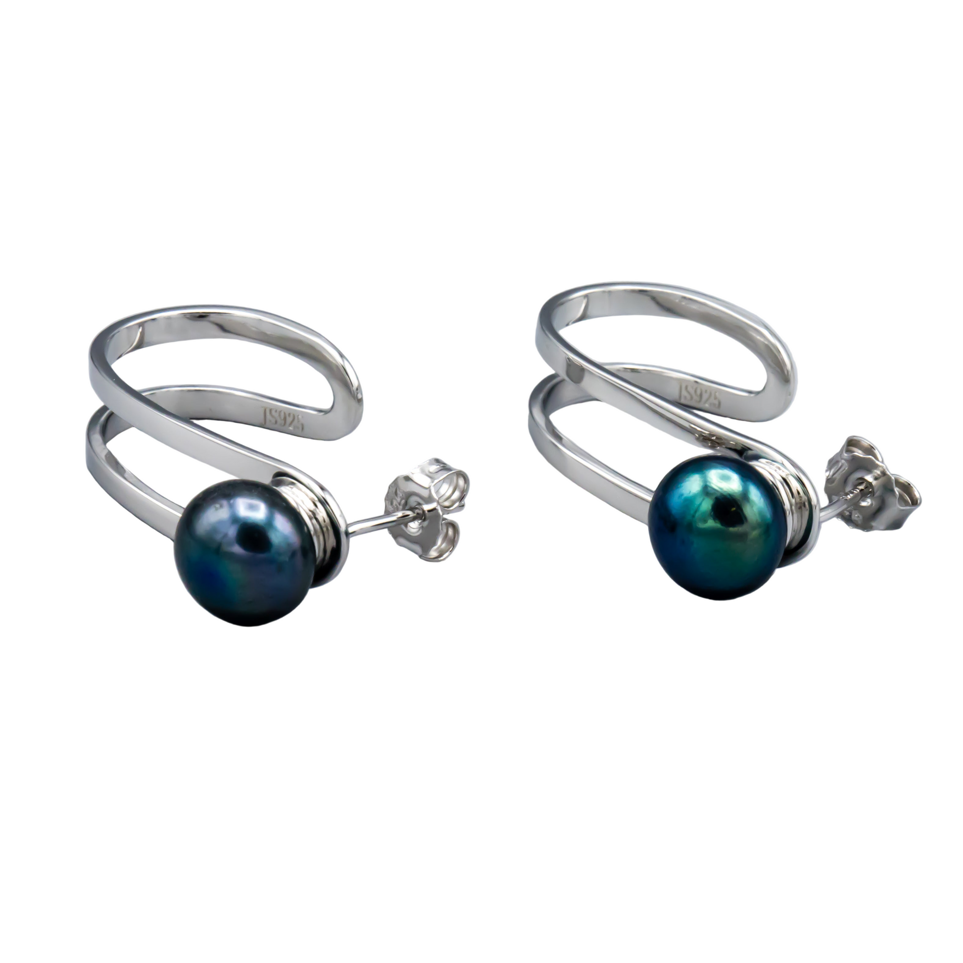 Sterling silver black pearl earrings 9mm natural luster detail shot