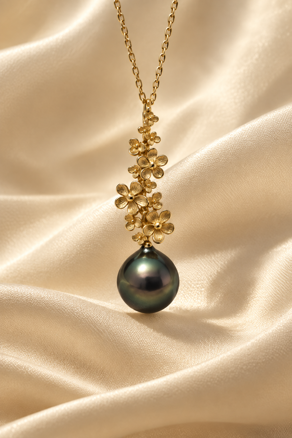 12.6mm Tahitian Pearl Pendant on 18-inch 14K Yellow Gold Chain, satin background