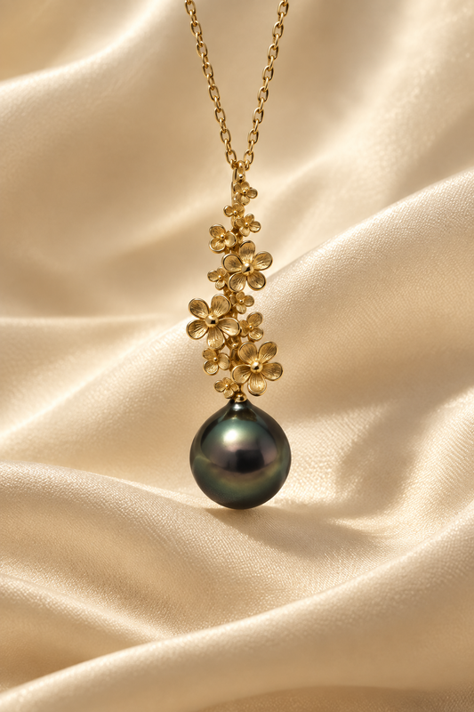 12.6mm Tahitian Pearl Pendant on 18-inch 14K Yellow Gold Chain, satin background