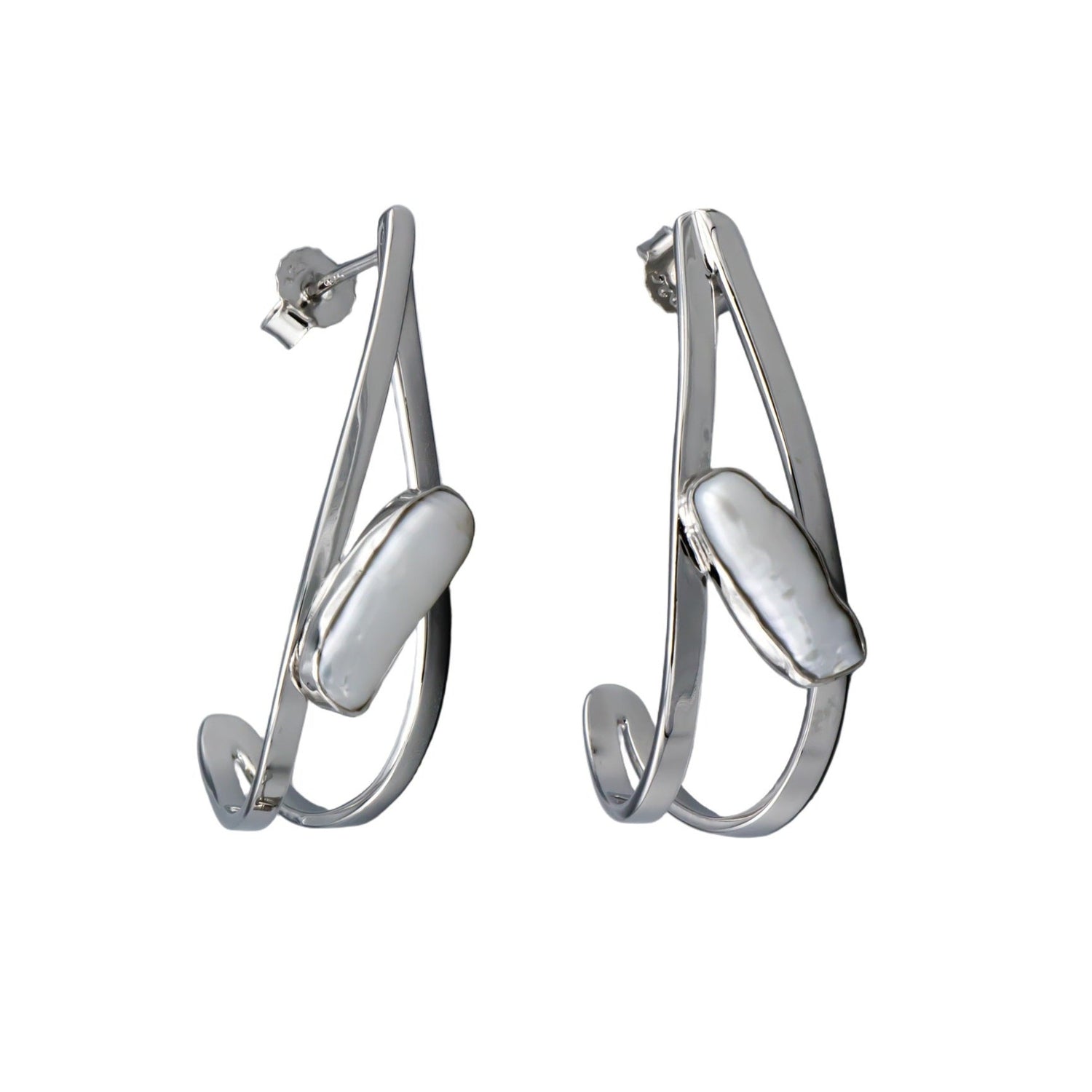 White Baroque Freshwater Pearl Hook Earrings in Sterling Silver – Stacked View