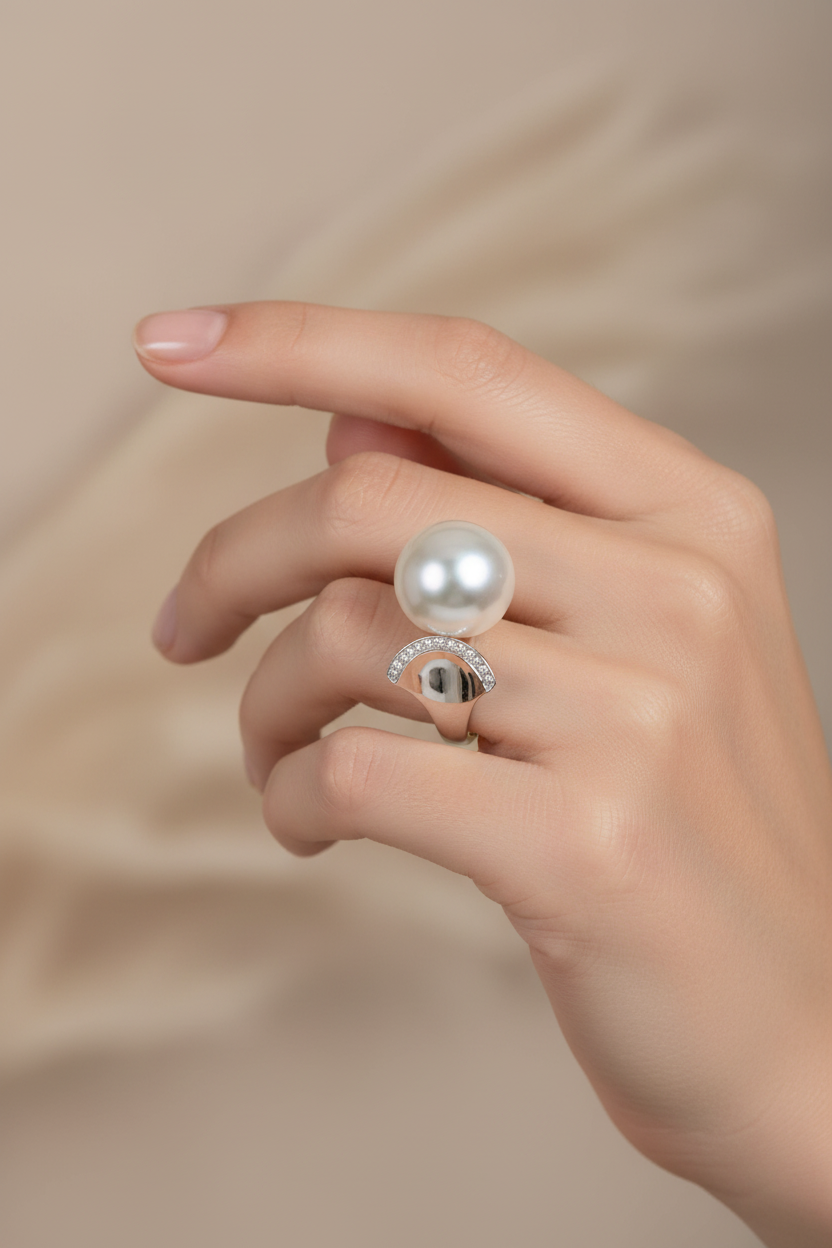 South Sea Pearl Ring 16mm 18K White Gold Diamond Size 7