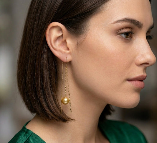 14K Gold South Sea Pearl Threader Earrings 8.7mm