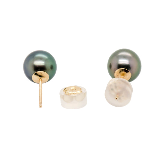 8mm Tahitian pearl stud earrings in 14K yellow gold with lustrous dark finish