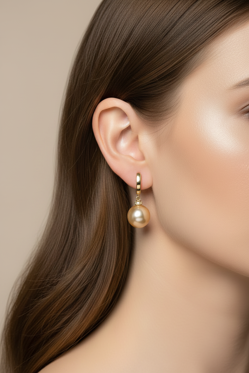 Golden South Sea Pearl & Diamond Earrings in 14K Yellow Gold on model