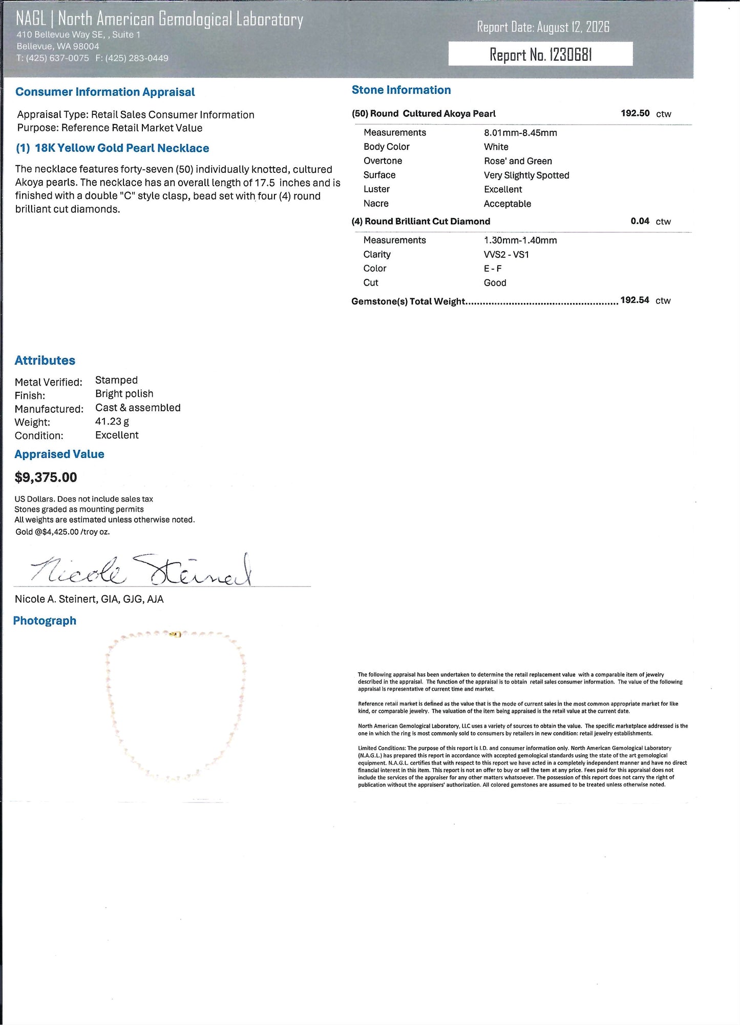 A document page from North American Gemological Laboratory containing a consumer information appraisal and stone information for a yellow gold single strand Akoya pearl necklace, with text fields, a signature block, and a small photo inset.