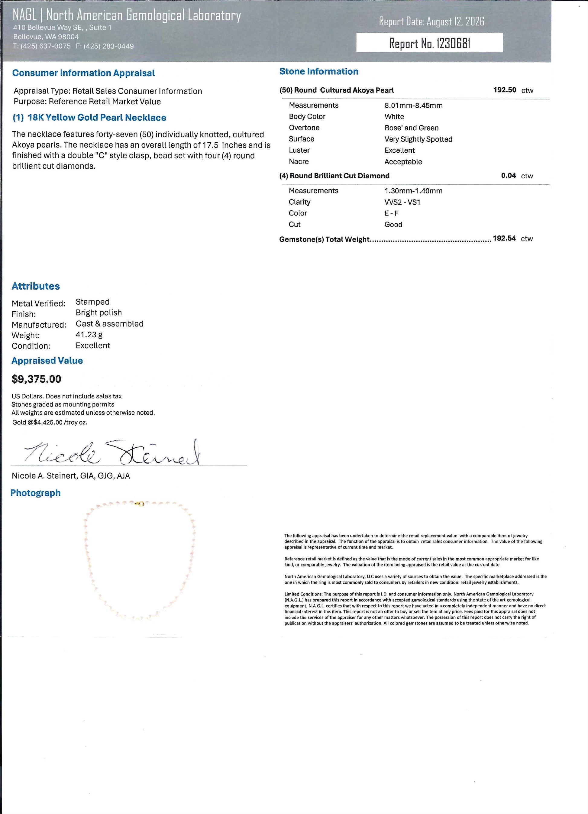 A document page from North American Gemological Laboratory containing a consumer information appraisal and stone information for a yellow gold single strand Akoya pearl necklace, with text fields, a signature block, and a small photo inset.