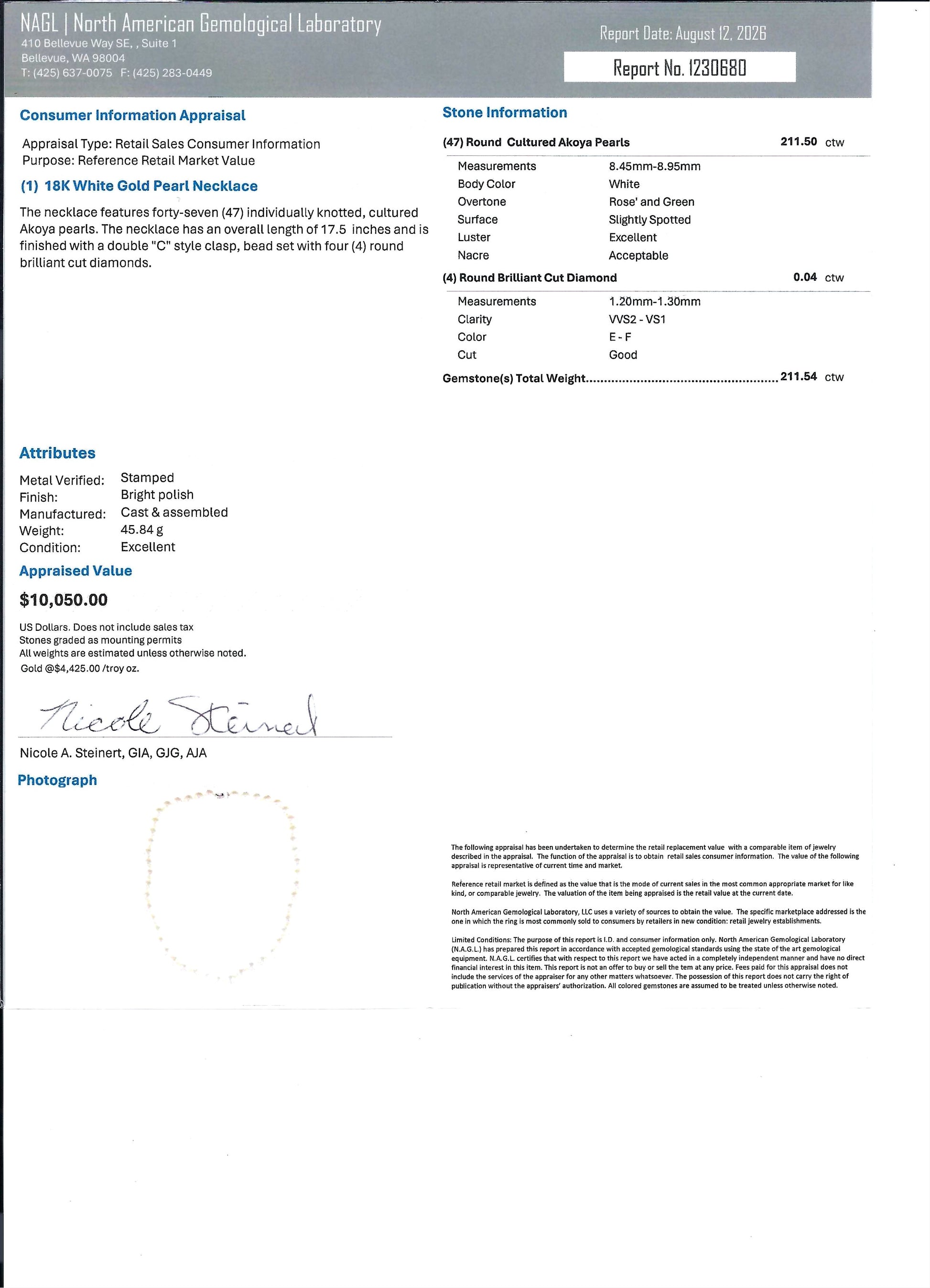 A document page from North American Gemological Laboratory showing a consumer information appraisal and stone information for a 18K white gold pearl necklace with round brilliant cut diamonds.